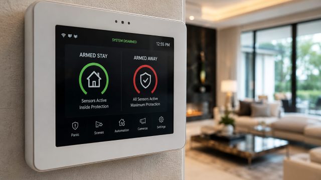 Smart home security panel displaying Armed Stay and Armed Away modes inside a modern luxury residence.