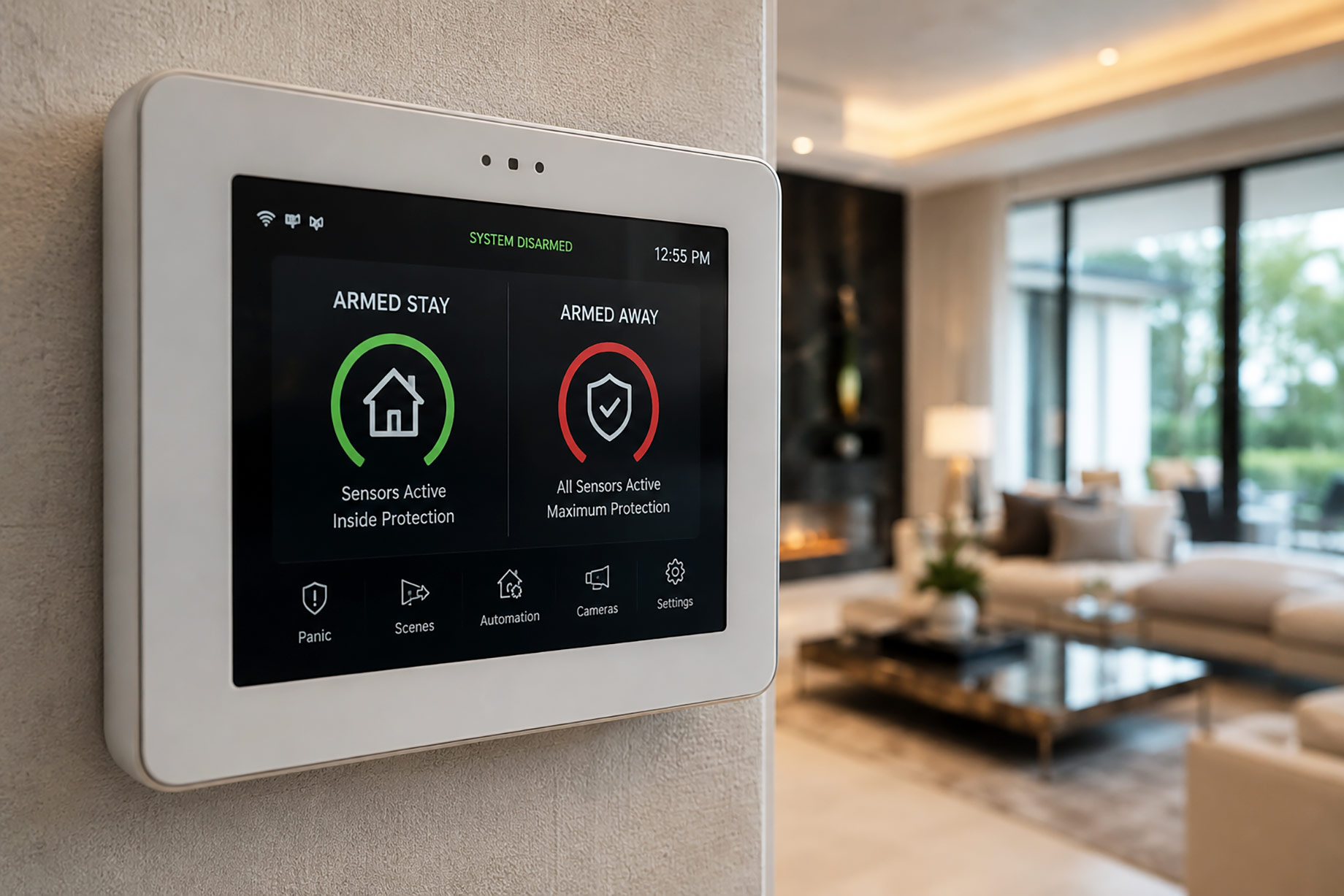 Smart home security panel displaying Armed Stay and Armed Away modes inside a modern luxury residence.