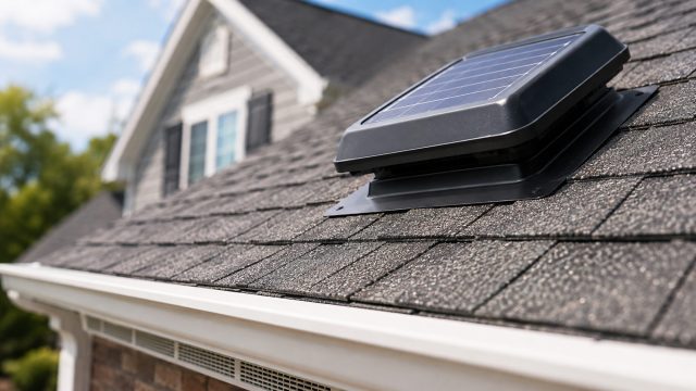 Close-up of a solar-powered attic ventilation fan installed on asphalt roof shingles with soffit ventilation visible below.
