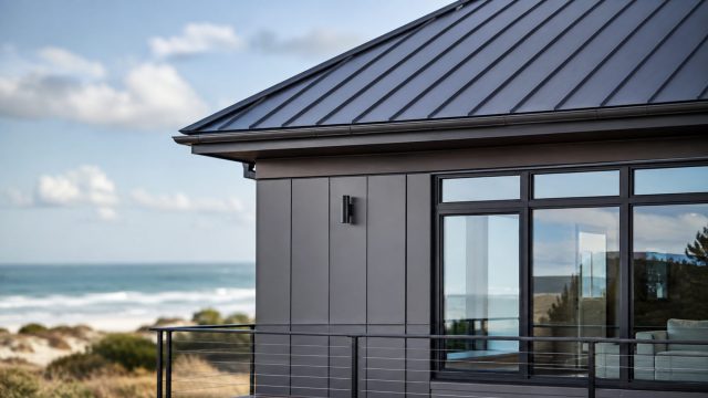 Close-up of a modern steel coastal home with standing-seam metal roofing, evenly spaced exterior panels, large windows, and an ocean backdrop.