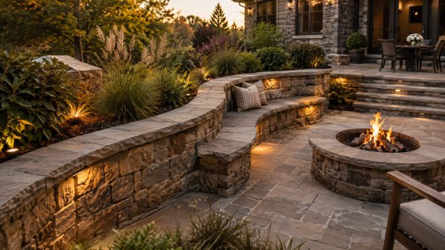 Curved stone retaining wall with built-in seating, landscape lighting, garden planting, and a fire pit on a residential patio.
