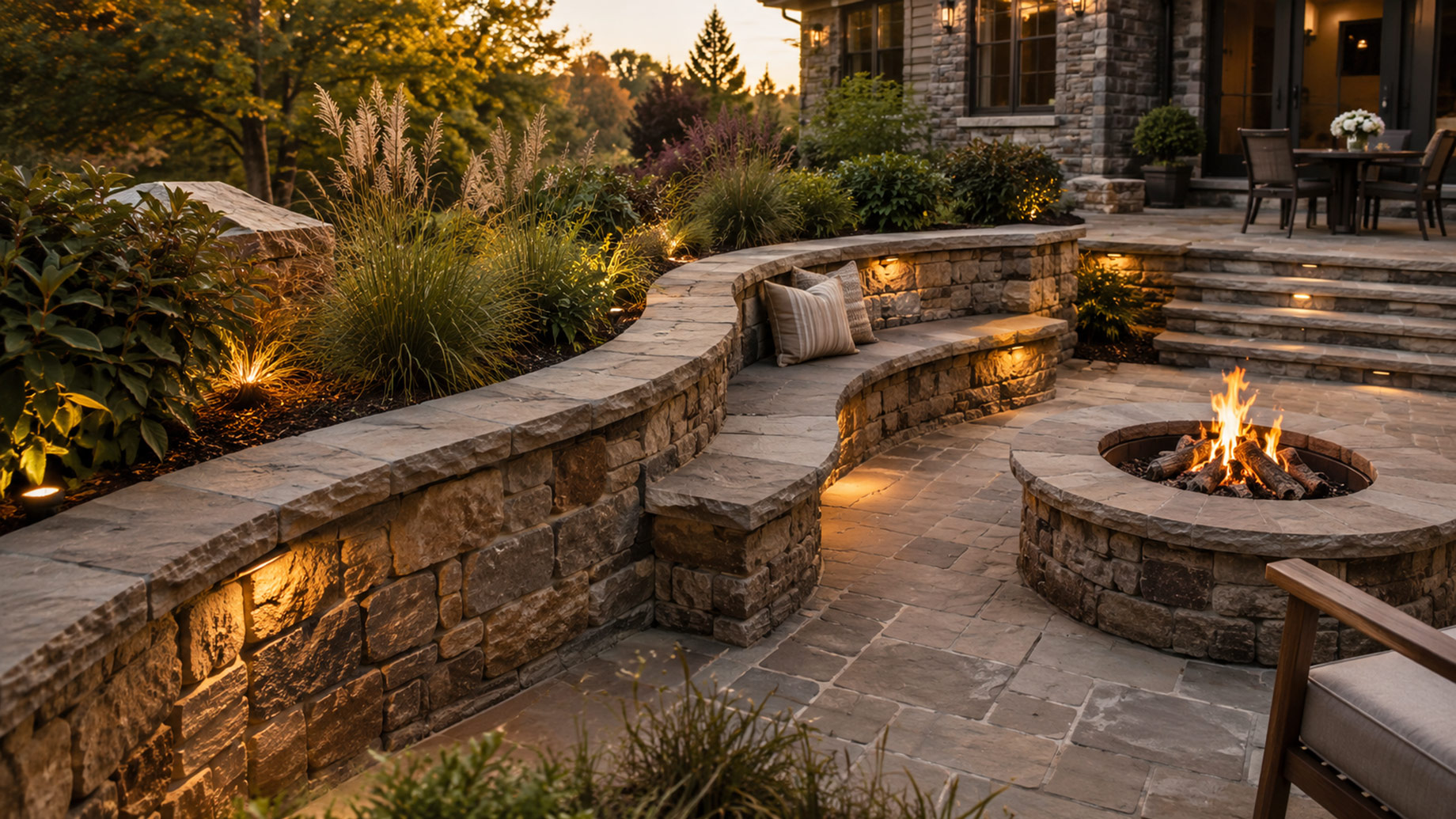 Curved stone retaining wall with built-in seating, landscape lighting, garden planting, and a fire pit on a residential patio.