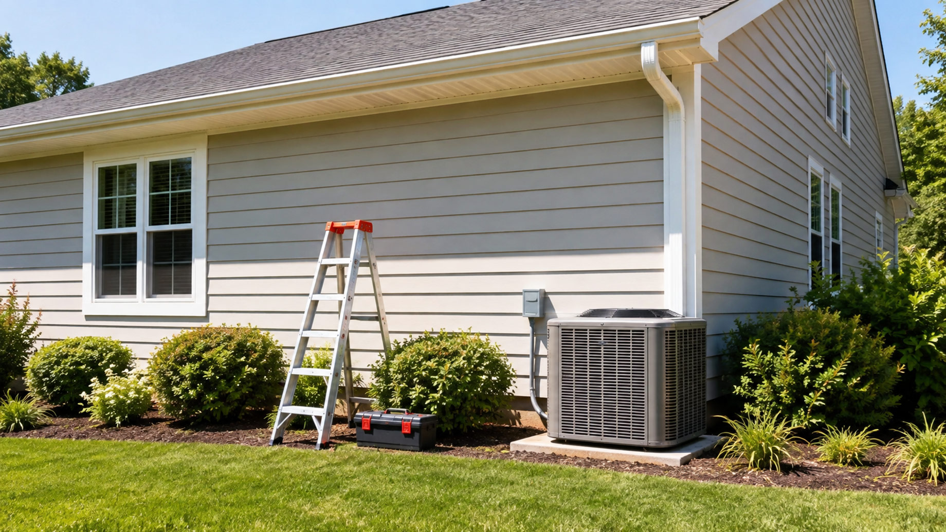 Step ladder and toolbox beside an outdoor air-conditioning unit at a well-maintained home during bright summer weather.