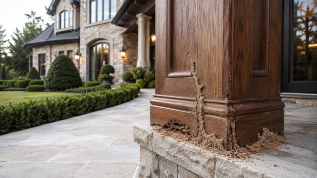 Close-up of termite damage and mud tubes around a wooden porch column on a landscaped luxury residence.