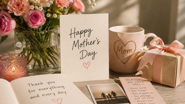 Mother’s Day flowers, gift, candle, card, keepsake notes, and family memory arranged on a warmly lit table