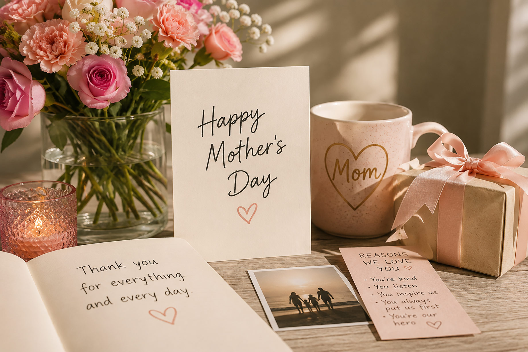 Mother’s Day flowers, gift, candle, card, keepsake notes, and family memory arranged on a warmly lit table