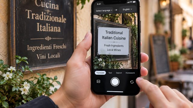 Close-up of a smartphone using a camera translation app to translate an Italian restaurant sign into English, displaying traditional cuisine, fresh ingredients, and local wines.