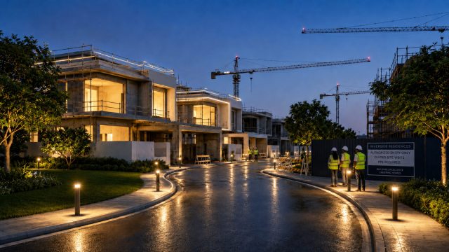 Construction professionals in safety gear beside a controlled-access residential development with modern homes and tower cranes at dusk.