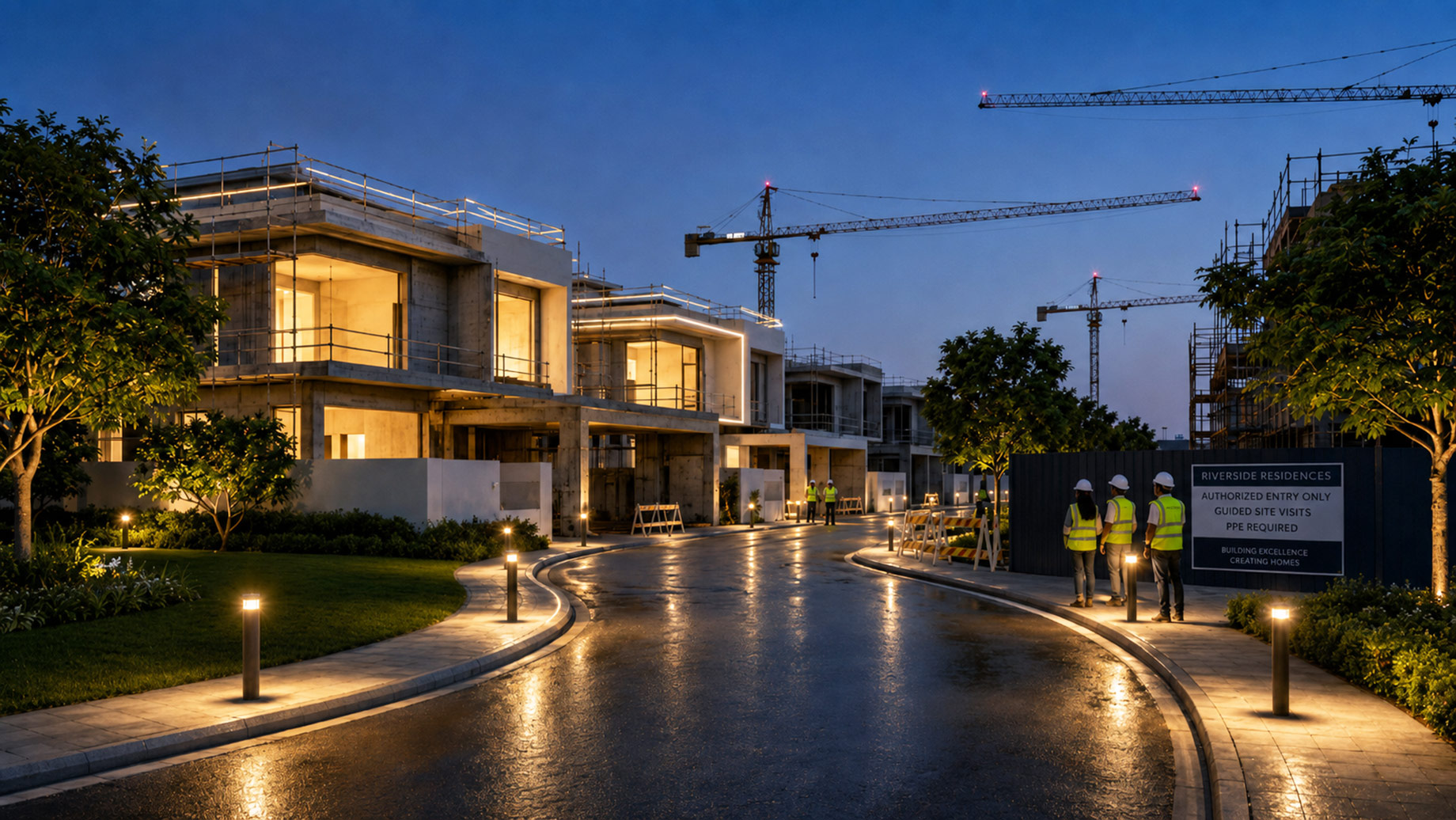 Construction professionals in safety gear beside a controlled-access residential development with modern homes and tower cranes at dusk.