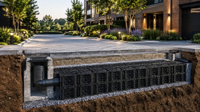 Cutaway view of modular underground stormwater storage beneath a landscaped residential driveway, with drainage pipes, access chambers, and structural layers visible.