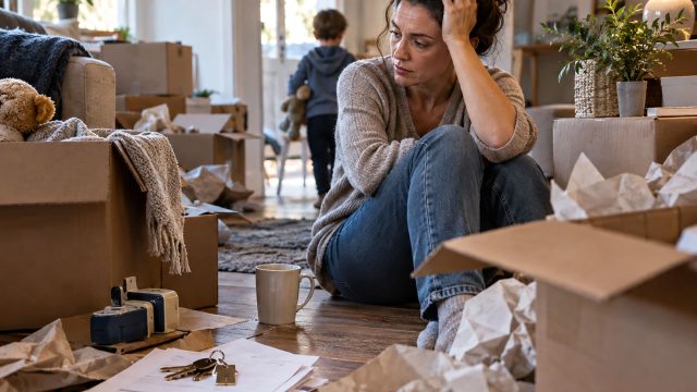 Woman sitting on the floor looking overwhelmed among moving boxes, packing materials, and paperwork, with a child in the background of a partially unpacked home.
