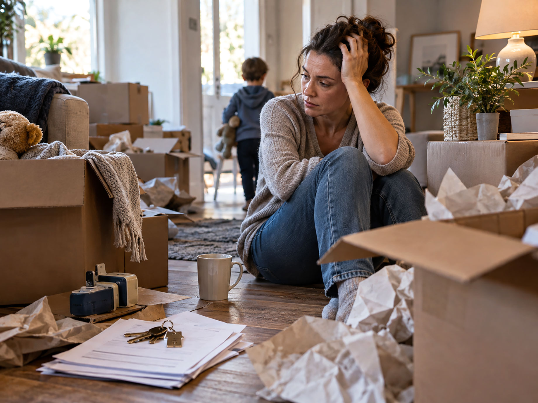 Woman sitting on the floor looking overwhelmed among moving boxes, packing materials, and paperwork, with a child in the background of a partially unpacked home.
