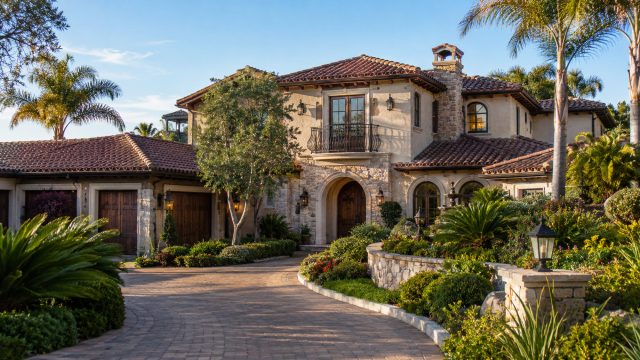 Luxury Mediterranean-style home in Escondido with mature landscaping, palm trees, stonework, and expansive outdoor areas.