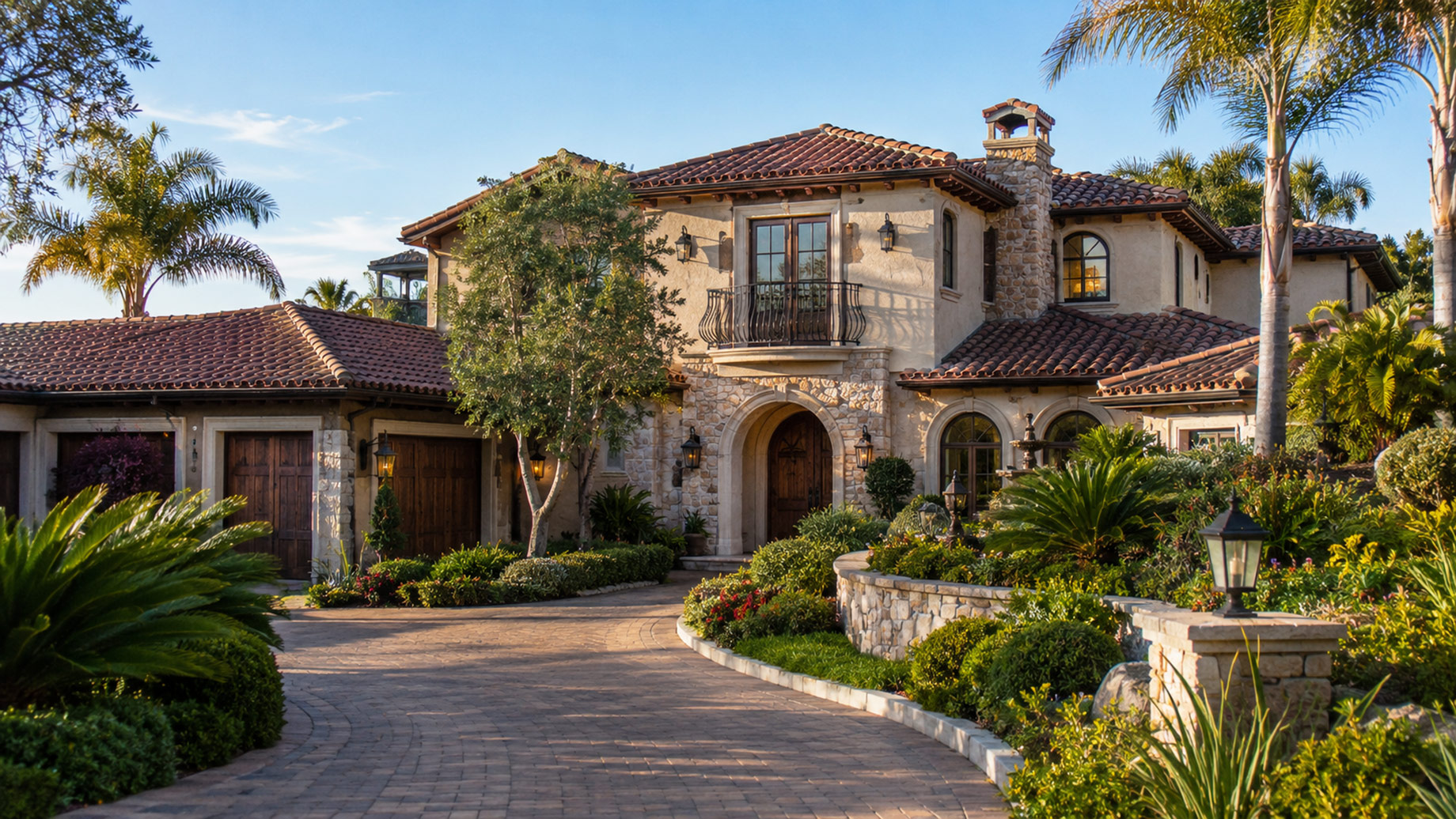 Luxury Mediterranean-style home in Escondido with mature landscaping, palm trees, stonework, and expansive outdoor areas.