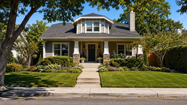 Well-maintained suburban home with a manicured lawn, trimmed hedges, colourful flower beds, a clean walkway, and an inviting front entrance.