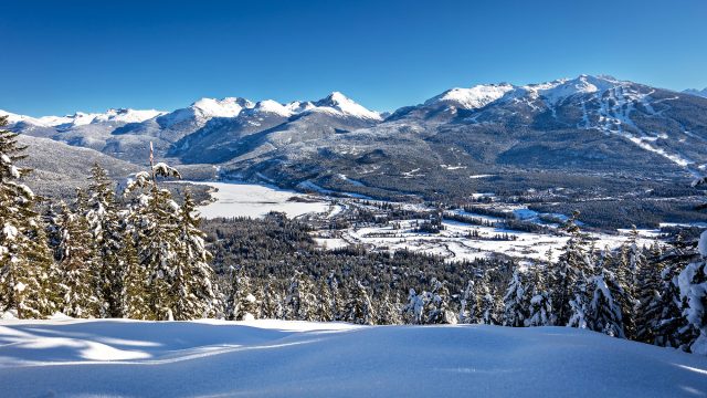 Snow-covered Whistler Valley with Blackcomb Mountain, Wedge Mountain, Mount Weart, and Arm Chair Glacier beneath a clear blue winter sky.