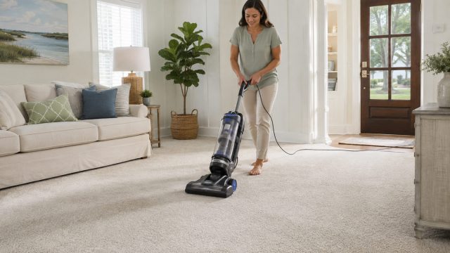 Woman vacuuming a light-colored carpet in a bright, tidy living room with soft coastal styling and natural daylight