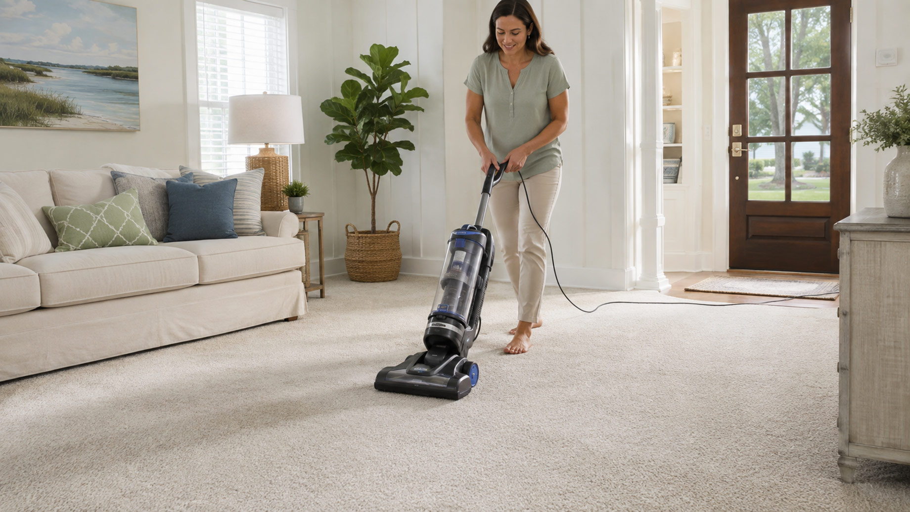 Woman vacuuming a light-colored carpet in a bright, tidy living room with soft coastal styling and natural daylight