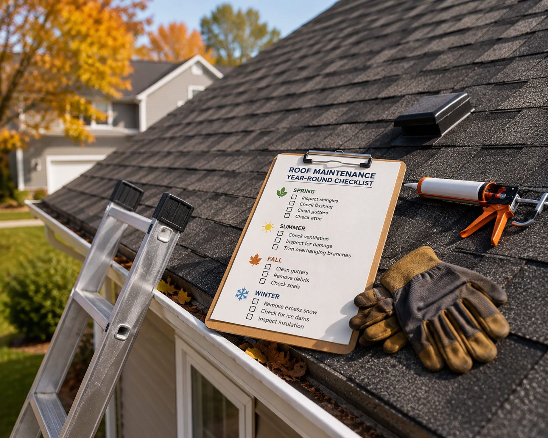 Asphalt shingle roof with maintenance checklist, ladder, work gloves, caulking gun, and autumn leaves near the gutter.
