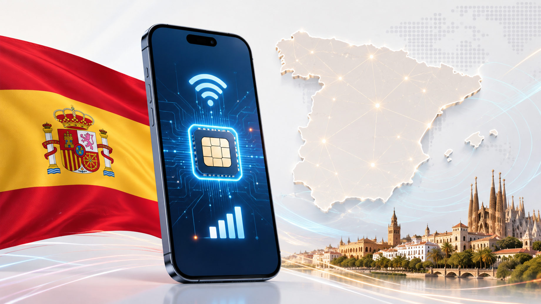 Smartphone displaying digital SIM and wireless connectivity symbols beside the Spanish flag and a connected map of Spain.