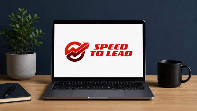 Laptop displaying the iSpeedToLead logo on a clean office desk with a plant, notebook, and coffee mug.