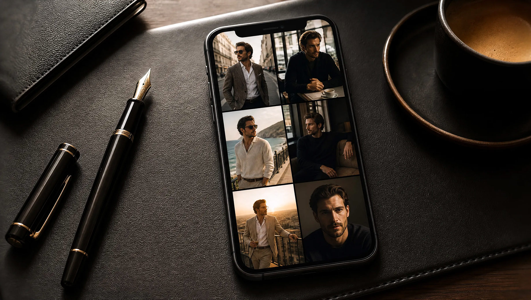 A smartphone displays six polished portraits of the same man in city, café, coastal, indoor, and sunset settings beside a fountain pen and coffee.