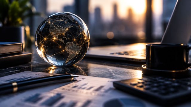Glowing glass globe with digital network connections beside a laptop, calculator, financial charts, notebooks, and coffee on an executive desk.