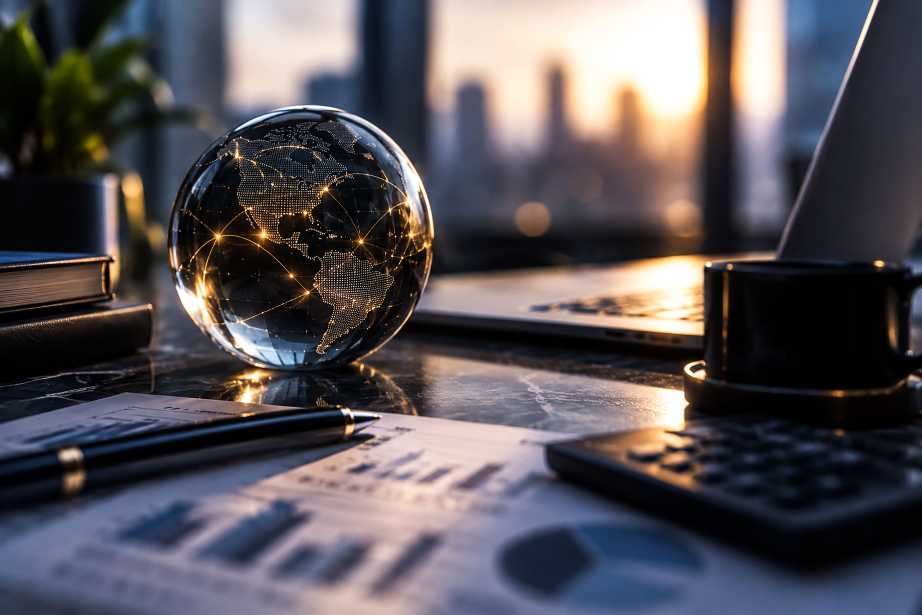 Glowing glass globe with digital network connections beside a laptop, calculator, financial charts, notebooks, and coffee on an executive desk.