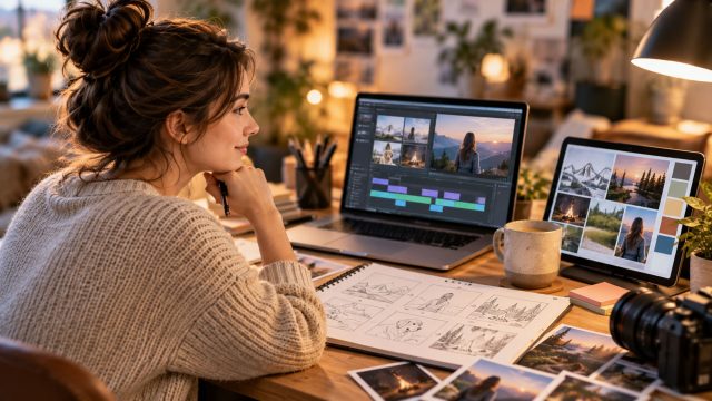 Woman planning a video at a desk with a storyboard sketchbook, laptop editing timeline, and tablet showing visual references.