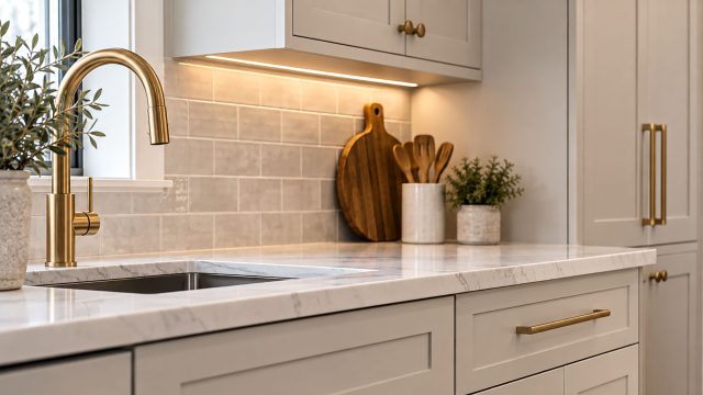 Refined kitchen with shaker cabinets, brass hardware, marble-look countertops, under-cabinet lighting, and a neutral tile backsplash.