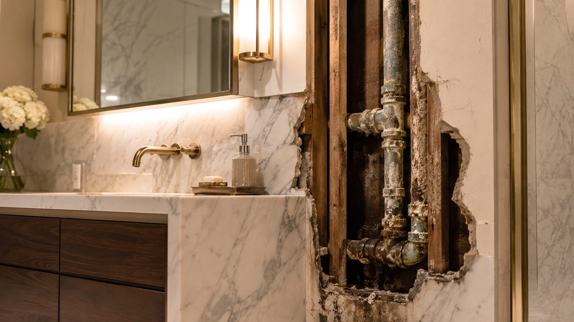 Corroded metal plumbing exposed behind marble wall finishes in an upscale bathroom with a custom vanity and brass fixtures.
