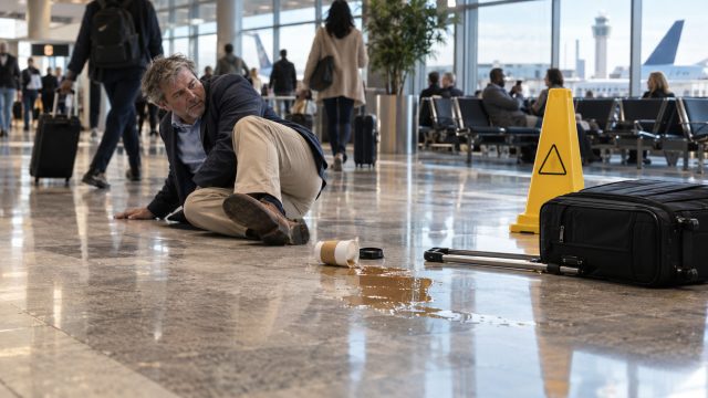 Man sitting on an airport floor near a spilled drink, a tipped rolling suitcase, and a yellow caution cone.