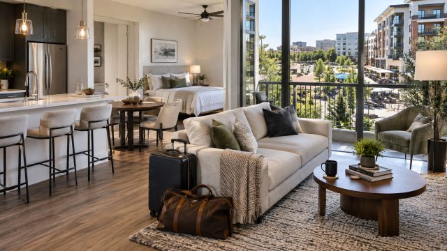 Bright modern furnished apartment with an open living area, contemporary kitchen, stylish seating, and large windows overlooking an urban neighborhood.