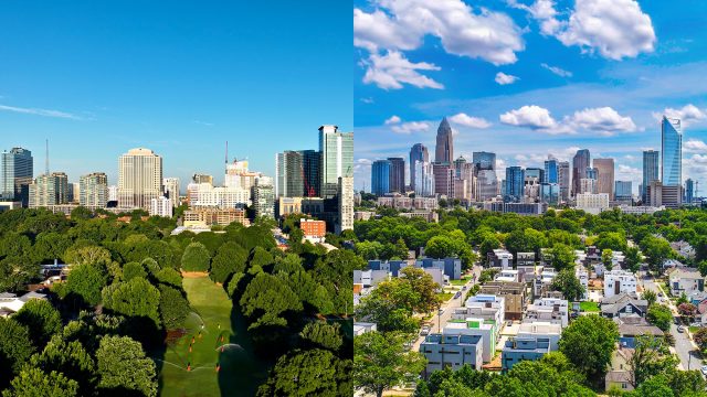 Split view of Midtown Atlanta above Piedmont Park on the left and Charlotte’s skyline above tree-lined neighborhoods on the right.