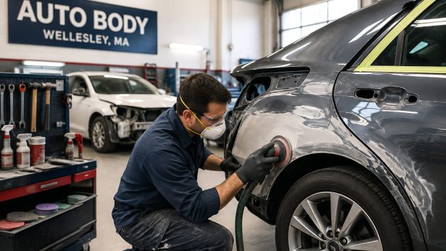 Auto body technician repairing collision damage on a grey vehicle inside a professional workshop in Wellesley, Massachusetts.
