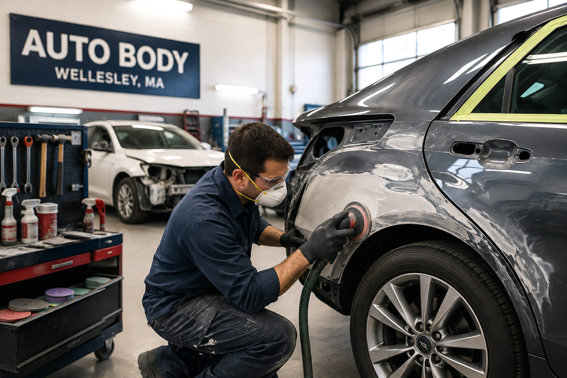 Auto body technician repairing collision damage on a grey vehicle inside a professional workshop in Wellesley, Massachusetts.