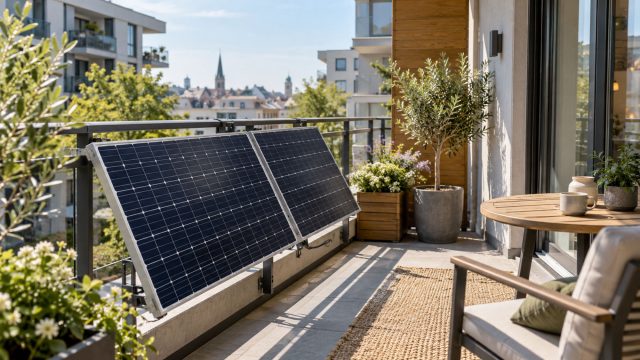 Two solar panels mounted to a sunny apartment balcony railing beside potted plants, outdoor seating, and a small table overlooking a European city.