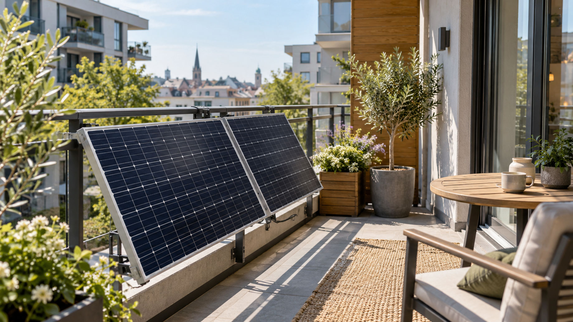 Two solar panels mounted to a sunny apartment balcony railing beside potted plants, outdoor seating, and a small table overlooking a European city.