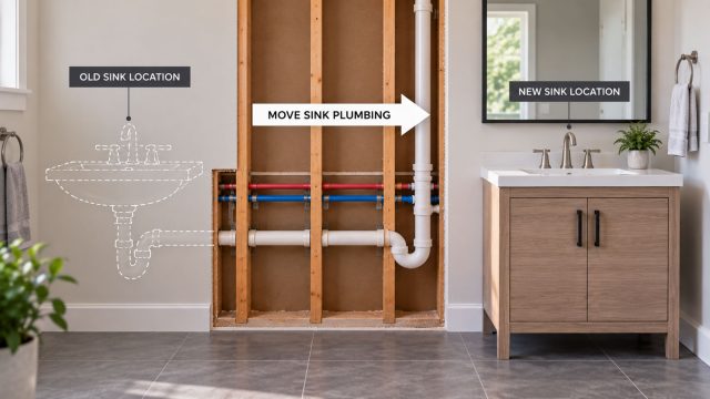 Exposed bathroom wall framing shows relocated hot, cold, drain, and vent lines between an old sink position and a new vanity.