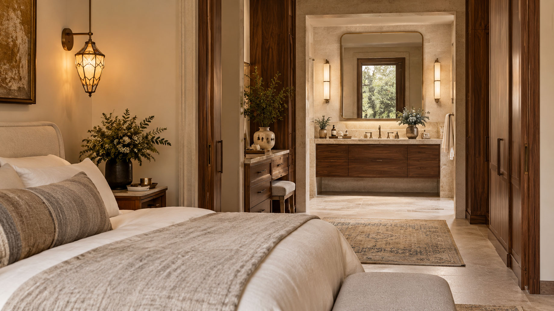 Cream bedding and walnut wardrobes frame a passage to an ensuite bathroom with a floating vanity, a large mirror, and warm wall lights.