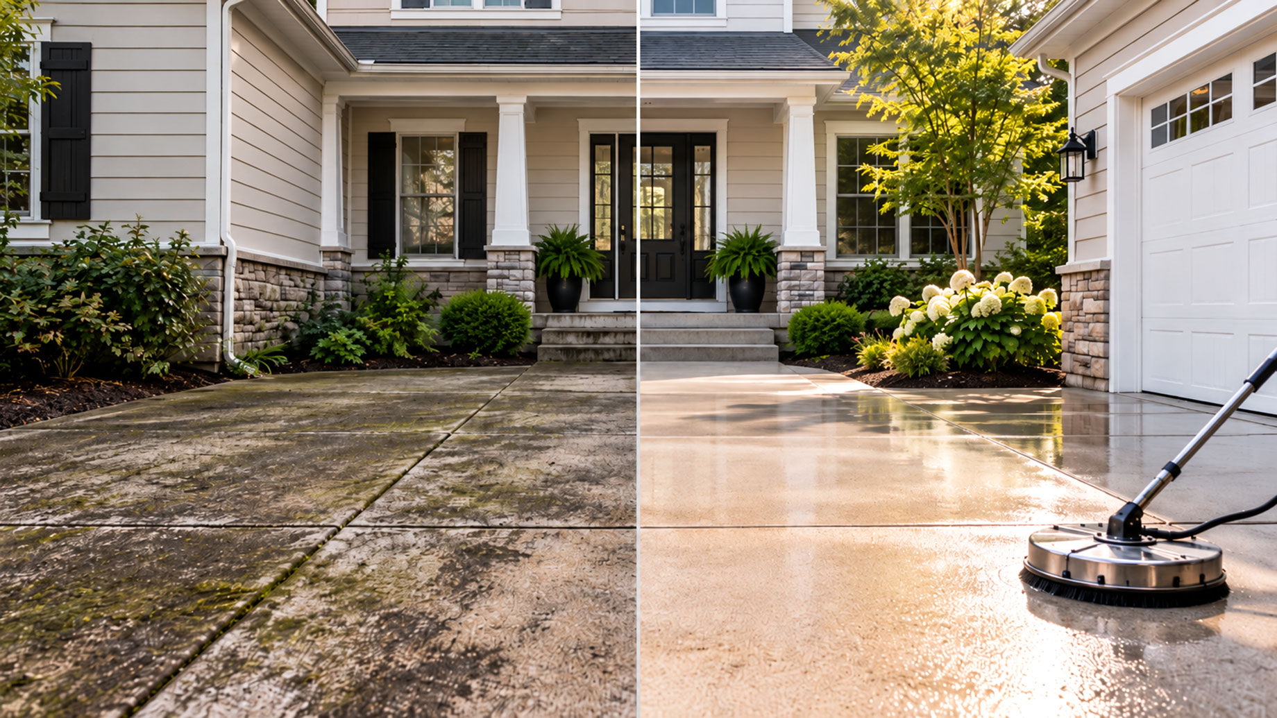 Before-and-after view of a suburban home exterior with a cleaner driveway, brighter front path, refreshed siding, and a tidier entrance after exterior washing.
