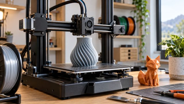 Desktop 3D printer producing a spiral-textured vase, with a geometric orange cat model beside it on a wooden workbench.