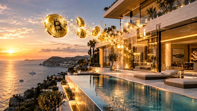 Gold Bitcoin coins dissolve into glowing particles beside a glass-fronted coastal villa with an infinity pool at sunset.