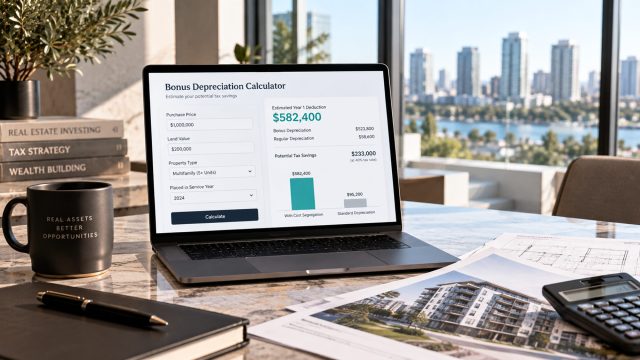 Bonus depreciation calculator displayed on a laptop beside property plans, a calculator, and multifamily real estate materials in a modern office.