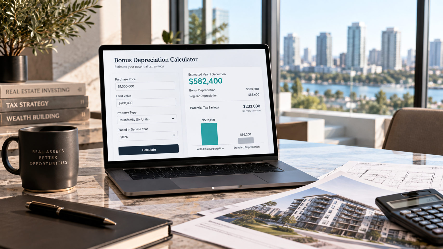 Bonus depreciation calculator displayed on a laptop beside property plans, a calculator, and multifamily real estate materials in a modern office.