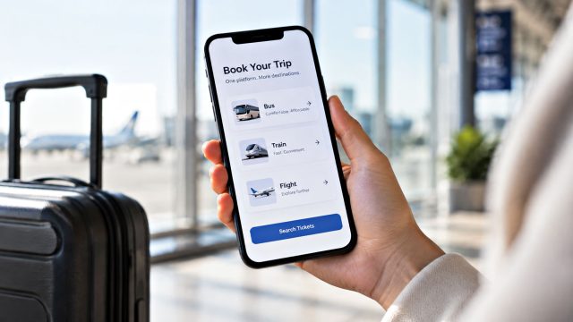 Traveler holding a smartphone with bus, train, and flight booking options beside a suitcase in a bright airport terminal.