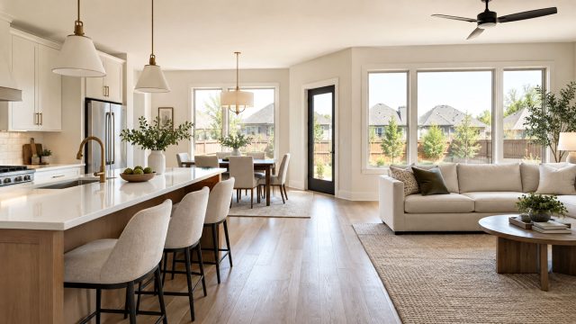 Bright open-plan kitchen, dining area, and living room with a large island, neutral furnishings, and wide windows overlooking a suburban backyard.