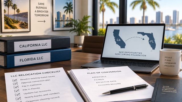 California and Florida LLC binders, a relocation checklist, and conversion documents beside a laptop displaying the two state outlines.