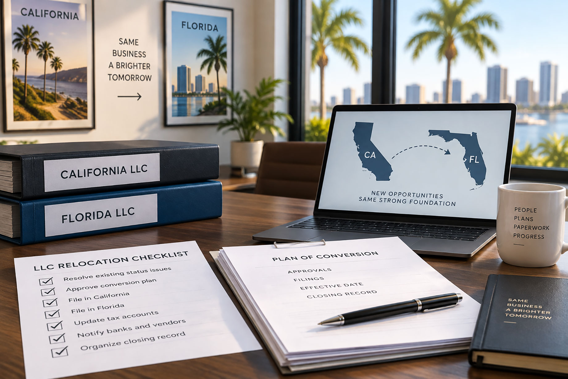 California and Florida LLC binders, a relocation checklist, and conversion documents beside a laptop displaying the two state outlines.