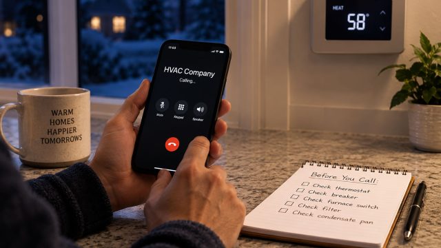 Hands calling an HVAC company late at night beside a thermostat reading 58 degrees, with a winter scene visible through the window.